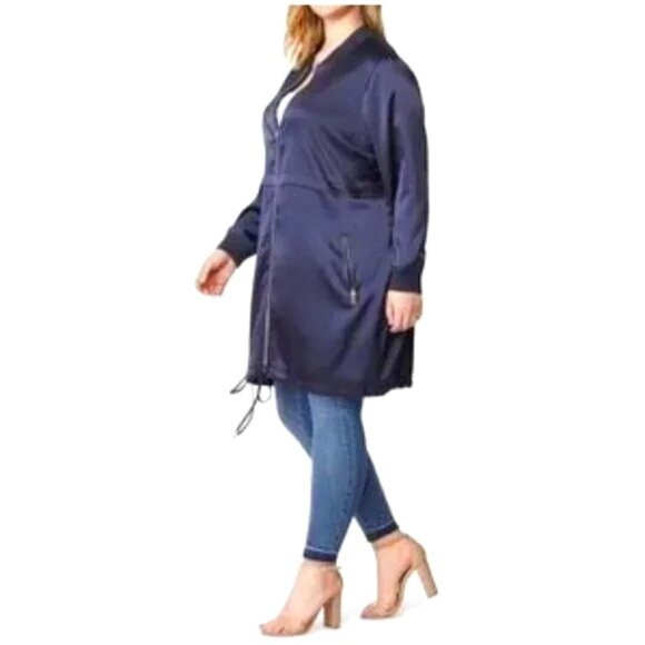NWT Rebel Wilson X Angels Satin Navy Blue Drawstring 2-Way Zip Bomber Jacket 2XL